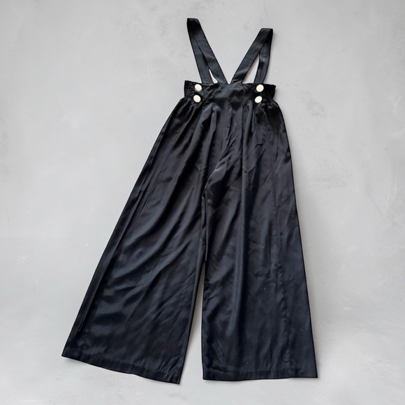 American Vintage Pants - Vtg 90s Atina Black Suspender Wide Leg Jumpsuit  Sz 10 High Waist Karon Crosby
